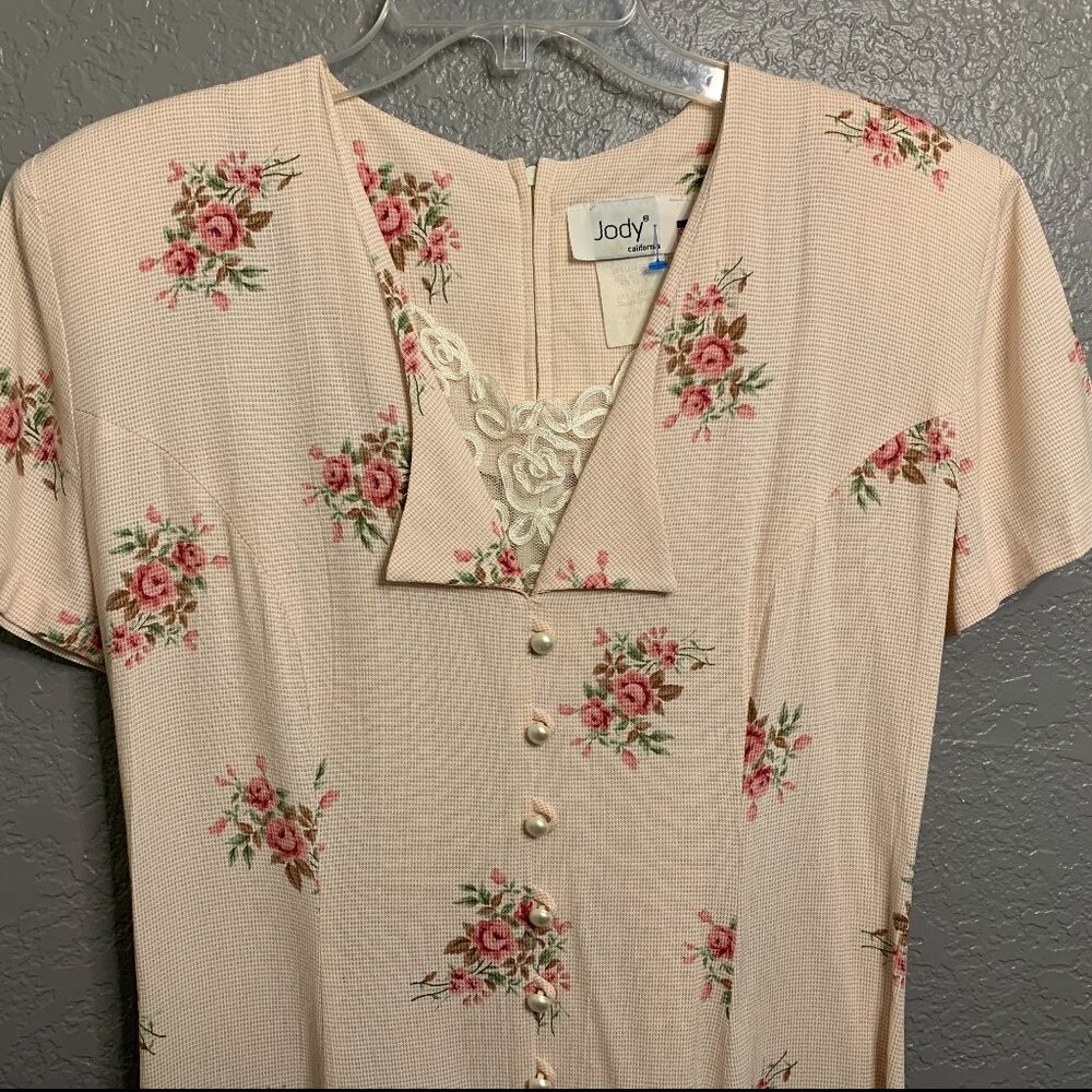 Vintage Prairie Dress Corset Cottagecore Maxi USA 70s 80s 90s Floral Pink Lace